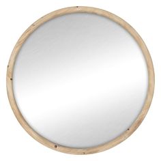 a round mirror with wooden frame on a white background