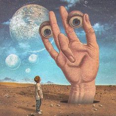 a man standing in front of a giant hand with two eyeballs on it's fingers