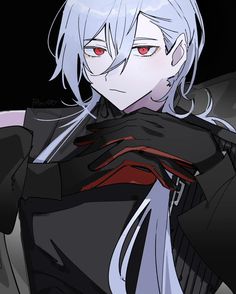 an anime character with long white hair and red eyes, wearing black clothing in the dark