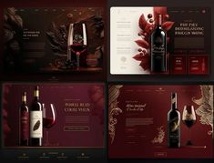 four different webpages with wine bottles, glasses and leaves on the front page