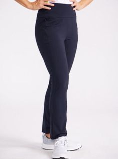 Front view of the Smooth Your Waist  Golf Pants in black. Fitted Full Length Bottoms With Elastic Side Panels, Athleisure Ankle-length Bottoms With Elastic Side Panels, Stretch Full Length Bottoms With Elastic Side Panels, Sporty Mid-rise Pants With 4-way Stretch, Sporty Mid-rise 4-way Stretch Pants, Straight Leg Pull-on Athleisure Activewear, Pull-on Straight Leg Athleisure Activewear, Classic Comfort Stretch Mid-rise Bottoms, Athleisure Activewear Straight Leg