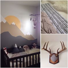 there are pictures of the interior of a room with deer head decorations on the wall