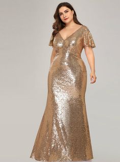 Silhouette:mermaid Hemline:floor length Neckline:v-neck Fabric:sequins Shown Color:gold Sleeve Style:short sleeve Back Style:zipper up Embellishment:sequins Plus Size Formal Gowns, Plus Size Gowns Formal, Thigh Workouts, Long Party Gowns, Gold Evening Dresses, Sequin Evening Gowns, Sequin Formal Dress, Floor Length Prom Dresses, Plus Size Party Dresses