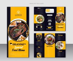 a yellow and black restaurant brochure with an image of food items on it