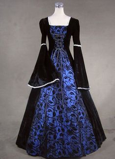 Medieval Victorian Queen Renaissance Fair Velvet Blue Floral Print Brocade Ball Gown Dress Reenactment Clothing     Condition: Brand New   Color: amp;nbsp; As Picture   Material: Brocade   Silhouette: Ball Gown   Sleeve Length: Full Sleeve   Dresses Length:Floor-Length   Neckline:Square Collar   Decoration: Lace   Style: Vintage   Includes: Dress     More Detail: About 45 inches (114 cm) long from waist to hem regardless of size. This dress is pictured with a 4-hoop skirt underneath to achieve t Cloth Reference, Istoria Modei, Gaun Abad Pertengahan, Belle Dresses, Medieval Gown, Fest Outfits, Victorian Costume, Old Fashion Dresses, Old Dresses