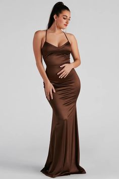 Marsha Formal Satin Tie Back Dress – Kinsley Store Brown Dresses Formal Satin, Chocolate Brown Dress Formal, Brown Elegant Dress, Tan Formal Dress, Brown Formal Dress, Brown Prom Dress, Formal Satin Dress, Brown Long Dress, Brown Dresses Formal