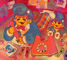 two cartoon bears are playing with toys on the floor and one bear is holding a phone