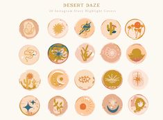 an assortment of desert designs in pink and gold on a white background with the words desert daze written below it