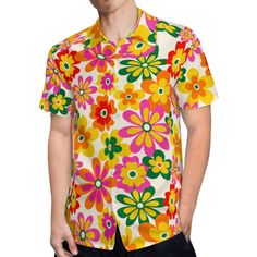 * Stand out with our Neon Floral Shirt Men, a vibrant homage to 60s and 70s style shirt men, perfect for those embracing the hippie shirt trend. * Channel retro vibes with our Vintage Style Shirt Men, featuring a striking neon pink, green, orange, and yellow floral pattern print that's sure to turn heads. * Crafted from 100% polyester and complete with a pocket on the left chest, our Hippie Top Men combines comfort and functionality with bold, statement-making style. * Elevate your wardrobe with our Retro Shirt Men, ideal for those seeking to add a touch of nostalgic charm to their look with a modern twist. Designed in California by Trendy Hip Buys. Handmade to order from overseas. Hand wash or machine wash, do not soak for a long time, do not bleach, do not exceed 45ºC washing liquid temp Summer Retro Print Shirt With Camp Collar, Short Sleeve Camp Shirt With Retro Print For Spring, Multicolor Retro Print Shirt For Spring, Summer Collared Shirt With Retro Print, Spring Retro Print Short Sleeve Camp Shirt, Retro Short Sleeve Camp Shirt For Spring, Multicolor Retro Print Camp Shirt For Summer, Multicolor Retro Short Sleeve Shirt, Yellow Short Sleeve Shirt With Retro Print