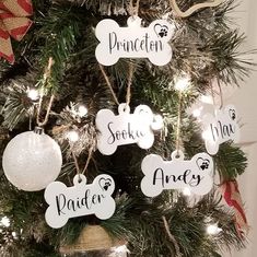 a christmas tree decorated with ornaments and name tags for the dog's names on it