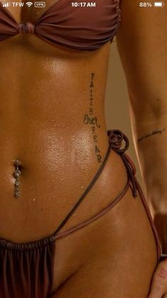 Small Hip Tattoos Black Women, Words Down Side Tattoo, Small Tattoo Body Placement, Purpose Neck Tattoo, Tattoo Going Down Side Ribs, Short Writing Tattoo, Small Tattoos On Side Of Ribs, Mind Over Body Tattoo