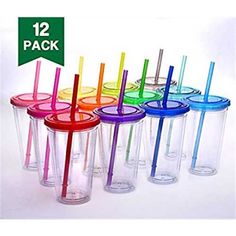 colorful plastic cups with straws and lids for drinking water or tea, set of 12