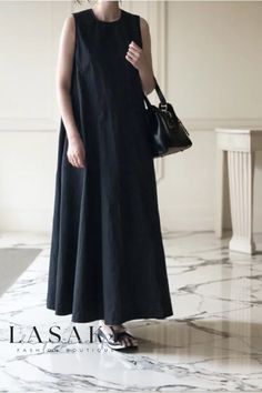 Lasaky - Sophisticated Sleeveless Maxi Dress in Rich Dark Hue Black Korean, Black Linen Dress, Office Dresses For Women, Color Skirt, Loose Maxi Dress, Ladies Gown, Long Dress Casual, Korean Dress, Vestidos Vintage