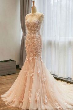 Mermaid Pink Lace Floral Long Prom Dresses, Mermaid Pink Formal Dresses, Pink Lace Evening Dresses Wedding Dress Mermaid Lace, Dresses Champagne, Tulle Cape, Cape Wedding Dress, Wedding Dress Champagne, Wedding Dresses 2018, Mermaid Wedding Dresses, Pink Mermaid, Dresses Mermaid