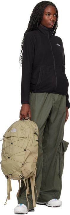 Water-resistant non-PFC DWR-coated recycled nylon ripstop and recycled polyester canvas backpack in beige. · Padded carry handle · Padded adjustable shoulder straps · Press-release sternum strap · Logo and text embroidered at face · Zip compartment · Bungee-style drawstring at face and sides · Mesh patch pocket at sides · Cinch straps at base · Zip laptop compartment at back face · Padded and quilted FlexVent™ back face · Two-way zip closure · Patch and zip pockets at interior · Recycled nylon d North Face Borealis Backpack, Borealis Backpack, The North Face Borealis, North Face Borealis, Mesh Backpack, Duck Canvas, Black North Face, Canvas Backpack, North Face Backpack