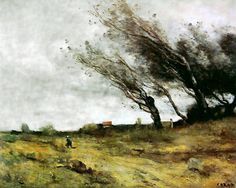 an oil painting of two trees on a hill with a person walking in the distance