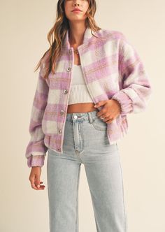 Fuzzy Plaid Bomber Jacket Cozy Plaid Long Sleeve Outerwear, Plaid Outerwear For Spring, Plaid Outerwear For Cold Spring Weather, Fleece-lined Long Sleeve Shacket For Fall, Plaid Long Sleeve Shacket For Cold Weather, Long Sleeve Fleece-lined Shacket For Fall, Plaid Shacket With Pockets For Cold Weather, Long Sleeve Shacket With Fleece Lining For Fall, Trendy Plaid Outerwear For Cold Weather