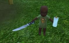 a cartoon character holding a knife and bottle in the grass with green grass behind him