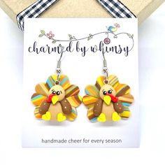 Thanksgiving Turkey Dangle Earrings with Stainless Steel French Wire Earrings are approximately 1" long.  Free gift box included.  Ready to ship. Clay Designs, Clay Design, French Wire, Thanksgiving Turkey, Etsy Earrings Dangle, Wire Earrings, Cute Earrings, Custom Items, Free Gift