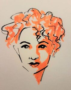 an orange and black drawing of a woman's face