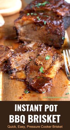 a wooden cutting board topped with ribs covered in sauce and garnished with parsley