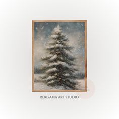 an oil painting of a pine tree in the snow with white and gray background, framed on