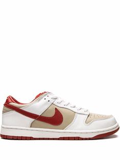 Beige/red/white leather Dunk Low Pro sneakers from NIKE featuring panelled design, round toe, flat rubber sole, front lace-up fastening, branded insole and signature Swoosh logo detail. These styles are supplied by a premium sneaker marketplace. Stocking only the most sought-after footwear, they source and curate some of the most hard to find sneakers from around the world.. | Nike Dunk Low Pro sneakers Nike Shoes Girls, Nike T, Red Sneakers, Swoosh Logo, Sneakers Grey, Nike Dunk Low, Dunk Low, Nike Dunk, Nike Dunks