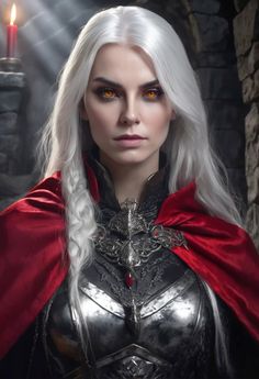 a woman with white hair wearing a red cape