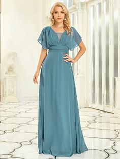 Empire Waist Maxi Chiffon Evening Dress for Women Empire Waist Evening Dress, Dark Green Bridesmaid Dress, Empire Waist Maxi, Gowns Elegant, Evening Wear Dresses, Classic Dresses, Dress With Ruffle Sleeves, Gaun Fashion, Wedding Info