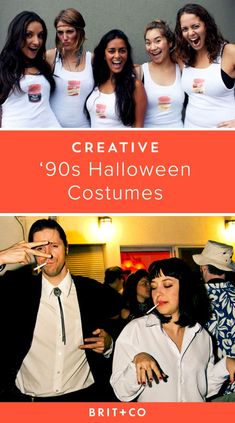 a group of people standing around each other in front of a wall with the words creative 90's halloween costumes