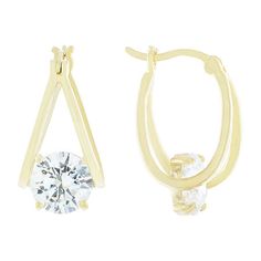 Features: Nickel Free, In A Gift BoxEarring Back: HingedStone: Cubic ZirconiaStone Cut: RoundMetal Color: YellowEarring Length: 21mmEarring Width: 11.5mmMetal: 24k Gold Over BrassCare: Wipe CleanStone Type: 2 Cubic ZirconiaCountry of Origin: Imported Classic Gold Hoop Earrings With Prong Setting, Gold Cubic Zirconia Hoop Earrings Gift, Gold Hoop Diamond Earrings With Vvs Clarity, Vvs Clarity Gold Hoop Diamond Earrings, Gold Vvs Clarity Diamond Hoop Earrings, Classic Gold Huggie Earrings With Cubic Zirconia, Gold Hoop Earrings With Prong Setting, Yellow Gold Plated Hoop Earrings With Vvs Clarity, Gold Small Hoop Diamond Earrings With Prong Setting