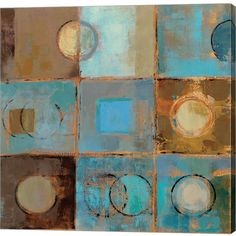 an abstract painting with squares and circles in blue, brown, yellow and white colors