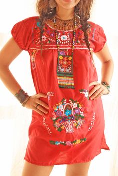 Handmade Mexican Dress from Aida Coronado Mexican embroidered red dress Hippy Dress, Red Cowboy Boots, Mexican Embroidered Dress, Chique Outfit, Boho Mode, Mexican Blouse, Dress Name, Mexican Outfit, Mexican Dresses