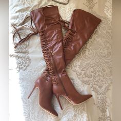 Bought These Boots A Long Time Ago In The Colors Black And Camel. Only Wore The Black Ones, But Never These. The Box Came Damaged To Me This Way, But The Shoes Are In Perfect Condition And Never Worn, Only Tried On. They Are A Size 6 In Womens. Price Is Fixed Please Do Not Offer! Clear Heel Boots, Knee High Stiletto Boots, Snake Boots, Orange Heels, Studded Ankle Boots, Glitter Boots, Knee High Heels, High Heel Boots Knee, Socks And Heels