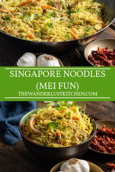 some food that is in bowls on a wooden table with the words singapore noodles mein