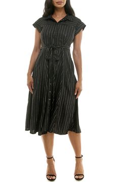 Metallic stripes and dashes elevate a sophisticated shirtdress fashioned with a removable tie belt and handy side pockets. 47" length Front button closure Spread collar Cap sleeves Side-seam pockets Removable tie belt Unlined 100% polyester Machine wash, tumble dry Imported Chic Black A-line Belted Dress, Black Collared Dress With Placket, Casual Fitted Belted Dress With Tie Waist, Casual Fitted Belted Dress With Short Sleeves, Casual Fitted Short Sleeve Belted Dress, Casual Black Dress With Placket, Spring Black Belted Dress For Daywear, Black Belted Dress For Spring Daywear, Casual Spring A-line Belted Dress