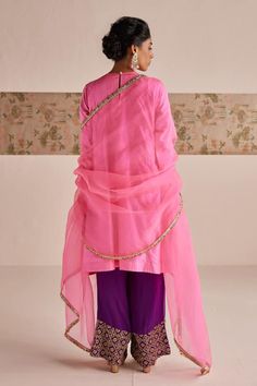 Pink kurta with zardozi embroidered checkered patterns on bodice. Comes with pant and dupatta. - Aza Fashions Designer Tissue Silk Palazzo Set With Traditional Drape, Organza Palazzo Set With Traditional Drape For Navratri, Tissue Silk Kurta With Mirror Work In Traditional Drape, Traditional Drape Tissue Silk Kurta With Mirror Work, Navratri Tissue Silk Palazzo Set With Traditional Drape, Cotton Silk Palazzo Set With Resham Embroidery, Traditional Cotton Silk Palazzo Set With Resham Embroidery, Silk Palazzo Set With Mirror Work, Traditional Drape Cotton Silk Sets With Dori Work