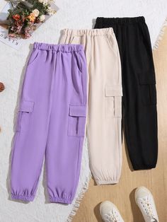 Multicolor Casual Collar   Plain Cargo Pants Embellished Non-Stretch  Tween Girls Clothing Girls Cargo Pants, Pants Embellished, Cute Sweatshirts, Girls Clothing, Cargo Pants, Work Wear, Hairstyles, Lingerie, Sweatshirts