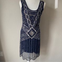 Excellent Condition, No Signs Of Wear That I Can See Worn Once To A 20’s Themed Party! Uk 10, Us 6-8 Frock And Frill, Gatsby Dress, Asos Dress, Asos Dresses, Size 6 Dress, Themed Party, Gatsby, Blue And Silver, Silver Color