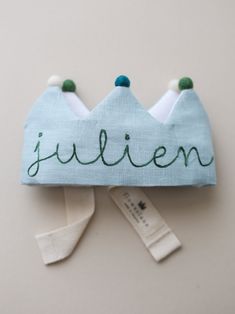 Mint Handmade Birthday Crown for your child's first birthday and more! Crowns come with adjustable ties and colorful wool pom poms. Linen Flower, Handmade Crown, Crown Handmade, First Birthday Crown, Fabric Crown, Baby Crown, Crown For Kids, Felt Crown, Baby's First Birthday