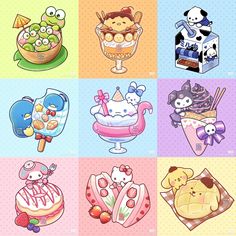 six different colored pictures with cartoon animals and food items on the same page, one has an ice cream sundae