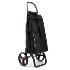 a black hand truck with wheels and a bag on it's front end, against a white background