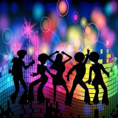 silhouettes of people dancing in front of an abstract background with colorful lights and circles