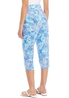 Fashionable and easy to style with your favorite tops, these capri pants from Kim Rogers are finished with an elastic waistband and bold print. | Kim Rogers Women's Millennium Printed Capri Pants, 6 Blue Knee-length Summer Capris, Summer Loungewear Capris, Casual Capris With Elastic Waistband, Spring Loungewear Capris With Elastic Waistband, Summer Cropped Leg Pull-on Capris, Summer Pull-on Style Cropped Capris, Summer Fitted Capris With Elastic Waistband, Fitted Summer Capris With Elastic Waistband, Summer Stretch Capris For Loungewear