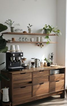 a coffee maker on top of a wooden cabinet in a room with plants and other items