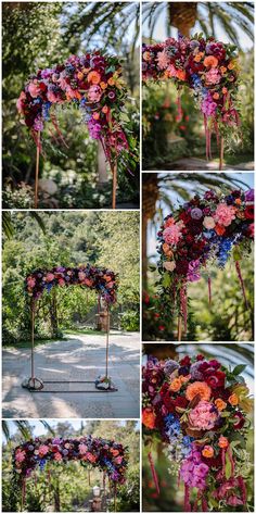 a collage of photos showing the different flowers on an outdoor wedding ceremony arch, and how to use them