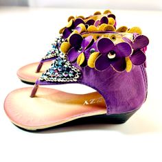 Beautiful Purple Jeweled Sandals With Zipper In The Back And Very Small Heel. New In Box For That Special Occasion. Cute Purple Sandals For Spring, Cute Purple Open Toe Sandals, Purple Sandals, Versace Kids, Boys Flip Flops, Glitter Flats, Clogs Style, Toddler Sandals, Boys Sandals