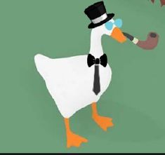 The goose fron untitled goose game. It is holding a pipe, wearing a top hat, a tie, a bowtie, and blue sunglasses Goose Pfp, Duck With A Hat, Cartoon Goose, Porch Goose, Duck Drawing, Duck Cartoon, Fairy Wallpaper