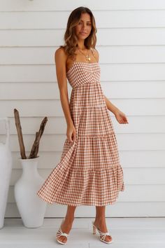 Length from shoulder to hem of size S: 122cm. Non-lined. Cold hand wash only. Model is a standard XS and is wearing size XS. True to size. Textured fabric. No zipper. Slip-on style. Polyester. Embrace all of your Pinterest fantasies with the Gingham Dreams Maxi Dress. The maxi dress has a square neckline, backless with a cute tie pattern and a flared silhouette. Style yours with gold earrings and espadrilles. Gingham Maxi Dress, Stylish Inspiration, 2024 Wardrobe, Chic Dressing, Inspiration Dress, Casual Midi Dress, Backless Midi Dress, Dress Book, Tie Pattern