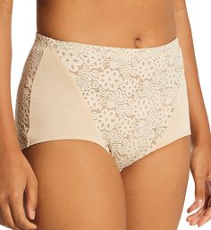 High rise brief panty is sheer floral lace with opaque knit triangles sewn into front sides for better fit. Four-way stretch allows panty to flex and contour to your body for a comfortable style. Panty stays in place with a covered elastic waistband. See-through floral lace has 4-way stretching for a flexible fit. Modal knit triangles are sewn into front sides. Leg openings have covered elastic edge. Center back seam contours to your body for a great fit. Very high rise. Rear is entirely floral Fitted Full Coverage Bottoms With Lace Trim, Fitted Lace Trim Bottoms With Full Coverage, Fitted Lace Trim Full Coverage Bottoms, Fitted Bottoms With Lace Trim And Full Coverage, Elegant Full Coverage Lace Bottoms, Full Coverage Bottoms With Lace Trim For Daywear, Fitted Lace Bottoms With Full Coverage, Fitted Lace Bottoms For Daywear, White Stretch Bottoms With Contrast Lace